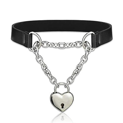 Goth Choker Necklaces for Women, Black Choker and Heart Padlock Day Collar with Key, Black PU Leather Choker Collar for Women