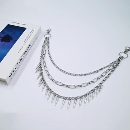 Hip Hop Punk Pants Chain Wallet Chain, Unisex Rivet Spike Jeans Pocket Chain Goth Belt Chain for Women Men Biker Rocker Pants Accessories - color: 【Chain-03】3-Layer Spike（Silver）