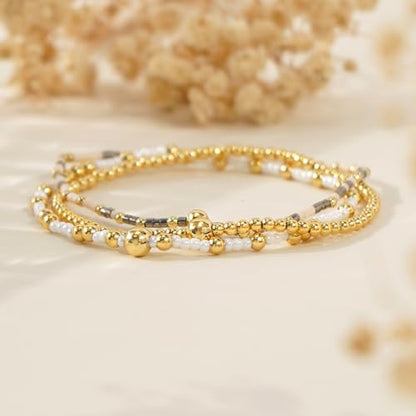 Gold Beaded Bracelet Stack for Women Colorful Small Seed Beads Bracelets Set Boho 14K Gold Plated Ball Stackable Stretch Non-Tarnish Dainty Jewelry Trendy Accessory Friendship Gift - color: khaki and white