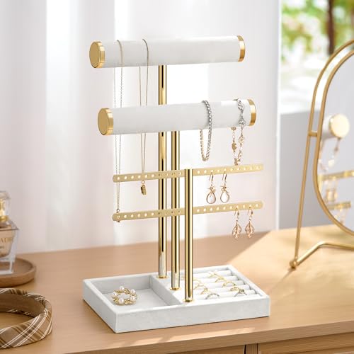 Bracelet Holder Jewelry Organizer Display - 3 Tier T Bar Velvet Stand, Black Jewelry Storage for Bracelet, Necklaces, Earrings, Rings, Watches - color: White