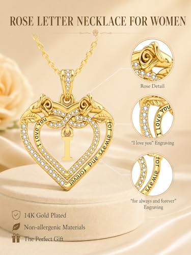 14K Gold Initial Letter Rose Heart Pendant Necklace for Women, Anniversary Birthday Jewelry Gifts for Wife Mom Grandma Sister Daughter, I Love You for Always And Forever - style: 14K Gold-I