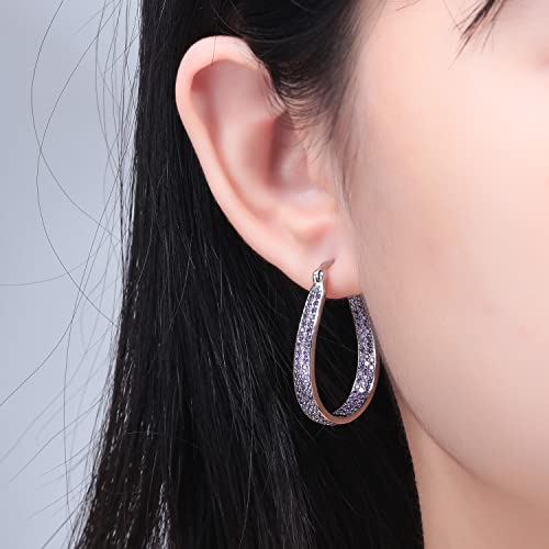 925 Sterling Silver Post Hoop Earrings for Women Gilrs Multcolors Cubic Zircon Hoops 14K Gold Plated Oval Chunky Hoop Earrings Jewelry Gift for Mothers Day/July 4th/Wedding/Party/Christmas - color: Purple