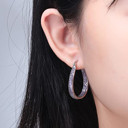 925 Sterling Silver Post Hoop Earrings for Women Gilrs Multcolors Cubic Zircon Hoops 14K Gold Plated Oval Chunky Hoop Earrings Jewelry Gift for Mothers Day/July 4th/Wedding/Party/Christmas - color: Purple
