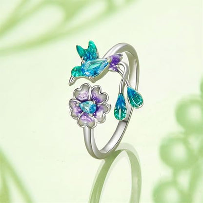 925 Sterling Silver Adjustable Open Ring for Women Trendy Jewelry Gift - color: Green bird