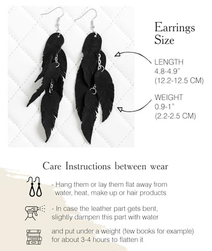 Leather Feather Earrings, Suede layered earrings, boho wedding jewelry, summer earrings, gift for her, dangle earrings - color: black
