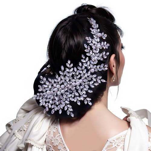 Crystal Wedding Hair Comb Bridal Hair Accessories Pearl and Rhinestone Bridal Side Combs for Women and Girls （Silver） - color: Silver