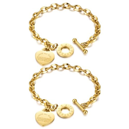 Emibele Heart Charm Bracelet for Women, Bible Verse Bracelet Stainless Steel 18K Gold Plated Bracelet Love Pendant Link Chain OT Clasp, Birthday Christmas Jewelry Gift for Mother Her - color: 18K Gold