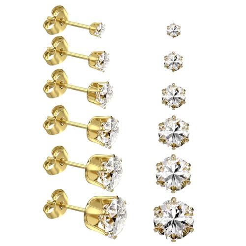 6/12 Pairs Silver Gold Stainless Steel Stud Earrings Set for Women Men | Hypoallergenic, 3 4 5 6 7 8 mm CZ, Lightweight, 14K Gold Plated Surgical 316L, Cubic Zirconia, Multiple Piercing Jewelry - color: Glod-6Pairs