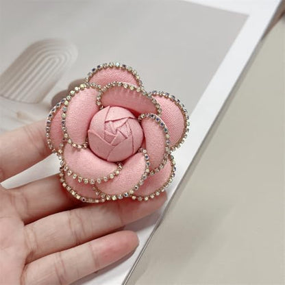 Dainty Crystal Camellia Flower Brooch Pin for Women Rhinestone Fabric 3D Floral Blossom Brooches Lapel Hair Pins Elegant Wedding Anniversary Dress Accessories Jewelry Gift 6.5cm/2.5in - color: Pink