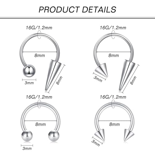 Zolure 16g Lip Rings Horseshoe Labret Jewelry Lip Barbell Ring Spike Snake Bite Piercing Jewelry Tragus Helix Earrings Studs Medusa Piercing for Women Men - color: 16G 8mm #1