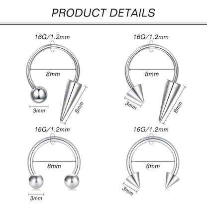 Zolure 16g Lip Rings Horseshoe Labret Jewelry Lip Barbell Ring Spike Snake Bite Piercing Jewelry Tragus Helix Earrings Studs Medusa Piercing for Women Men - color: 16G 8mm #1
