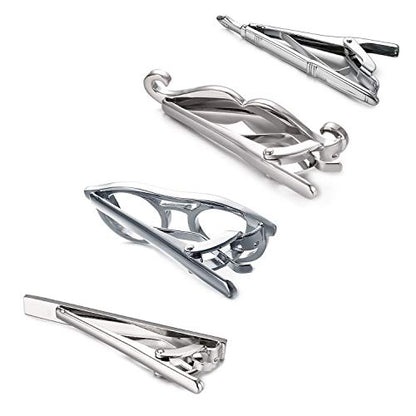 Yoursfs 4 Pcs Funny Tie Clips Set For Men Unique Stainless Steel Eye Glasses/Ruler/Pen/Mustache Tie Clips Personalized Jewelry - style: 4 Pcs Tie Clips Set
