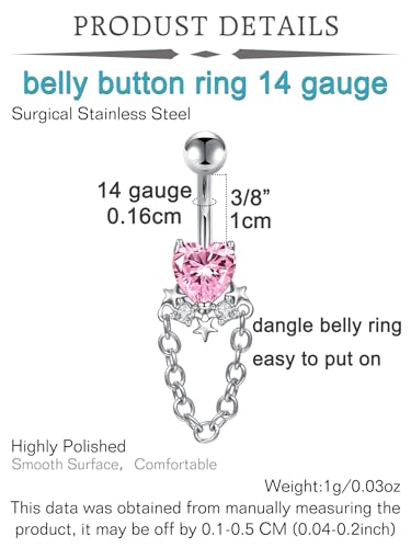 QWALIT Belly Button Rings 14G Surgical Steel Belly Rings CZ Opal Navel Piercing Jewelry for Women Girls 3/8" 10mm Silver Rose Gold - color: E2- dangle 3pcs- silver pink