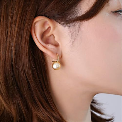 HUGE TOMATO 925 Sterling Silver Simulated Shell Pearl Earrings for Women Trendy, Big Pearl Drop Earrings Leverback Stud,18K Gold Plated Large Pearl Hoop Dangle Hypoallergenic Jewelry 14mm - color: Yellow Gold