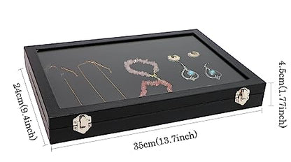 Wudygirl Leather Jewelry Organizer Tray with Lid 13.7"x9.4" Black | Empty Jewelry Organizer with Velvet Liner, Ideal for Jewelry Storage, Dresser Drawer or Gift, Dustproof Design - style: Empty Tray