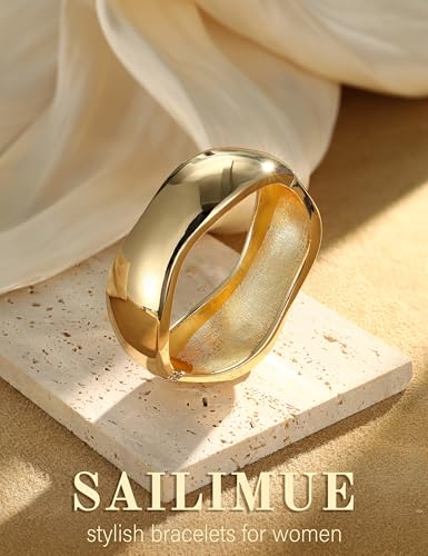 sailimue Chunky Gold Bracelets for Women Non Tarnish Bangles 4 Pcs | 16K Gold Plated Cuff Bracelets Stack Hinged Open Bangle Trendy Jewelry Gifts - style: Style B