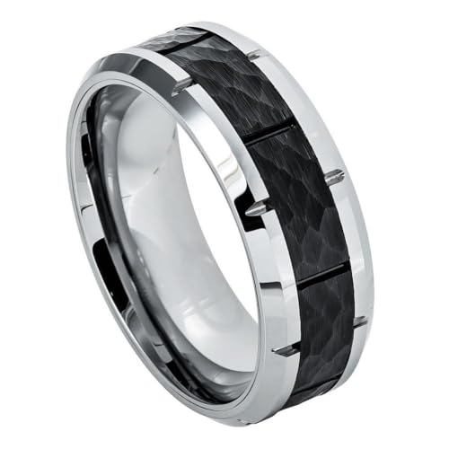 CRAAG- 8mm Tungsten Carbide Wedding Band, Two-Tone Silver Ring with Black IP Plated Hammered Finish Center, High-Polished Beveled Edge with Notches for Men and Women, Comfort Fit Scratchproof Anniversary Promise Band, Custom Engravable