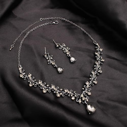3Pcs Austrian Crystal Jewelry Set for Women, Necklace Dangle Earrings Link Bracelet Jewelry Set with Gold/Platinum/Gun Plated, Wedding Party Jewelry for Bridal Bridesmaid - color: Black Diamond-Jet