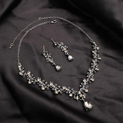 3Pcs Austrian Crystal Jewelry Set for Women, Necklace Dangle Earrings Link Bracelet Jewelry Set with Gold/Platinum/Gun Plated, Wedding Party Jewelry for Bridal Bridesmaid - color: Black Diamond-Jet