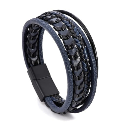 Mens Leather Bracelet Multi-Layer Braided Bracelet Wristband Father's Day Birthday Jewelry Gifts 8.5" Classic Bracelet with Stainless Steel Buckle - color: blue