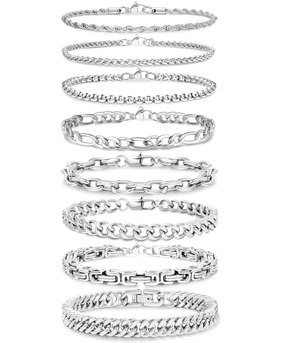 8Pcs Stainless Steel Bracelets for Men Women Sturdy Cuban Link Bracelet Curb Rope Figaro Paperclip Chain Bracelets Set Jewelry Gifts for Men, 6.9/7.5/8.3/9 Inches - color: Silver