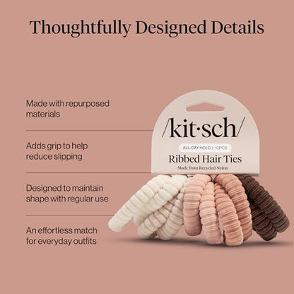 Kitsch Ribbed Hair Ties No Damage - Blush, 10pcs | Strong, Stretchy & Snag-Free Hair Bands – Soft Fabric Ponytail Holders, Stylish Elastics for Everyday Hairstyles - color: Blush Ribbed (Pack of 10)