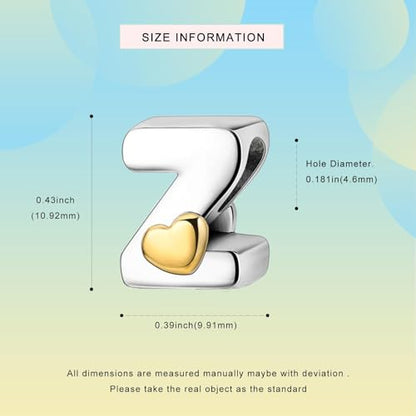 Two-Tone Gold Heart S925 Silver Letter Charm Fits Pandora Bracelet Necklace | Initial Bead Two-Tone Gold Heart, DIY European Bracelet Accessory, Gift for Ladies Birthday Anniversary Valentine - style: Z