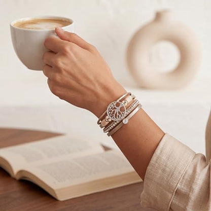 Edoneery Leather Wrap Bracelets for Women, Boho Layered Cuff Bangle | Multi-layer Leather Cuff, Daily wear, Stackable Bangle, Easy on-off, Western Jewelry Gifts for Women - color: Beige-1
