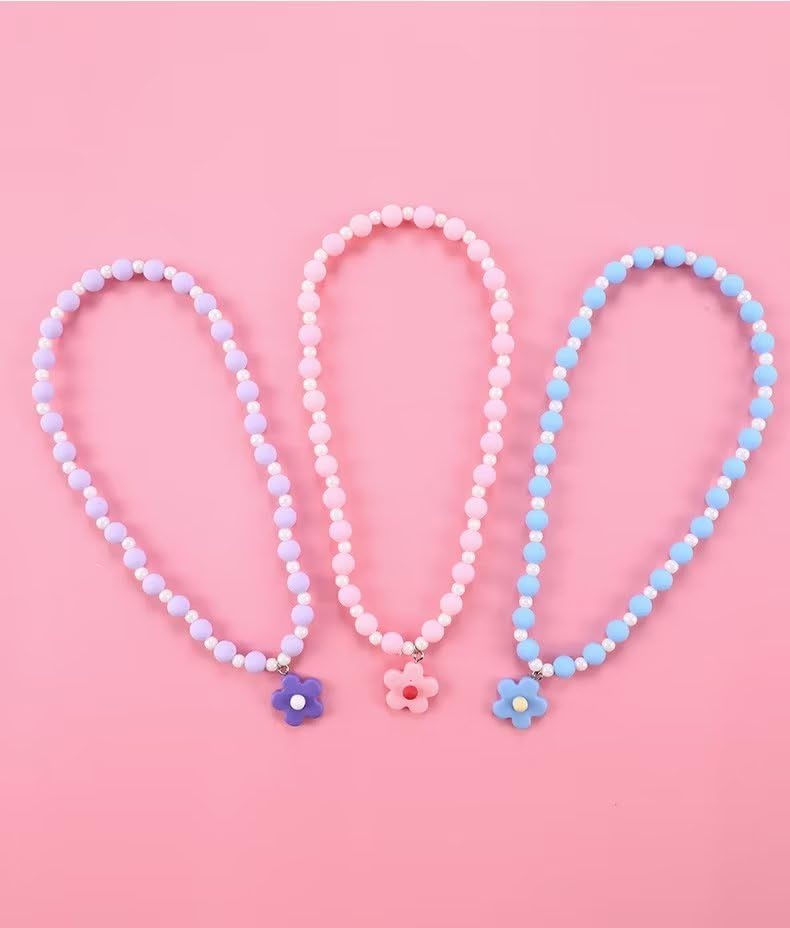 Beaded Necklaces and Bracelets Set for Women Flower Butterfly Pendant Bead Stretch Necklace Party Favors Dress up Play Costume Jewelry Gift - color: Blue