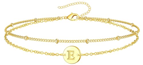 Inerney Personalized Gold Initial Bracelets for Women - Dainty 14K Gold Plated Layered Disc Monogram Charm Bracelet, Customizable A-Z Letter Jewelry Gift for Her - color: E, size: 8.5 inches gold
