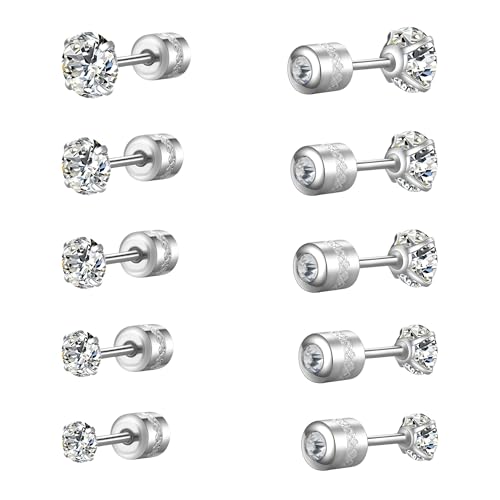Titanium Surgical Steel CZ Screw Back Stud Earrings Set Hypoallergenic | Cubic Zirconia, Stainless Steel, Mens, Small, Dainty, Silver, Hypoallergenic for Sensitive Ears, Lobe, Cartilage, Helix - color: Round Clear - 2/3/4/5/6mm