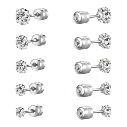 Titanium Surgical Steel CZ Screw Back Stud Earrings Set Hypoallergenic | Cubic Zirconia, Stainless Steel, Mens, Small, Dainty, Silver, Hypoallergenic for Sensitive Ears, Lobe, Cartilage, Helix - color: Round Clear - 2/3/4/5/6mm