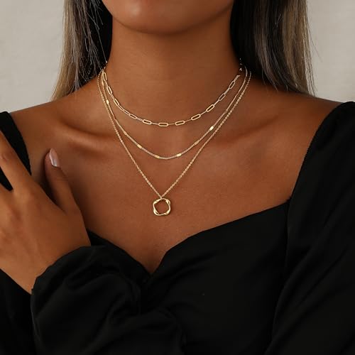 Layered Necklaces for Women 14K Gold Plated Stack Circle Pendant Trendy Long Chain Stackable Handmade Coin Necklace Set Dainty Gold Stacked Jewelry Gifts - color: Gold-8