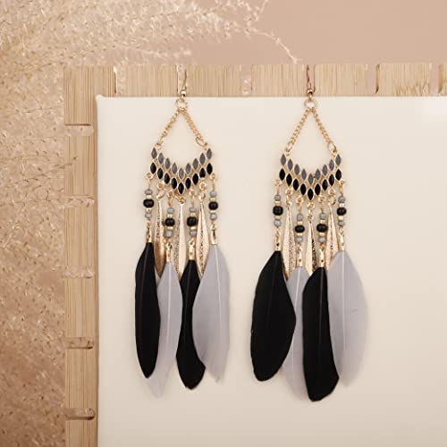 Gold Long Black Fake Feather Drop Dangle Earrings Women Statement Tassel Ethnic Beaded Earrings Hook Lightweight Boho Earrings Set Vintage Dangle Earrings Gift for Women（Black）