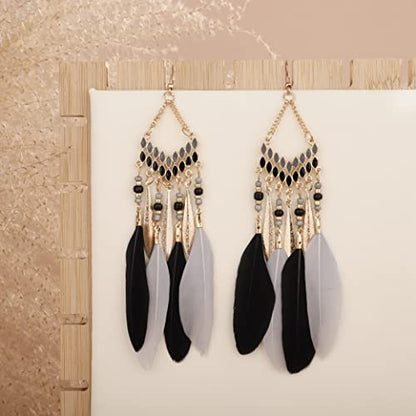 Gold Long Black Fake Feather Drop Dangle Earrings Women Statement Tassel Ethnic Beaded Earrings Hook Lightweight Boho Earrings Set Vintage Dangle Earrings Gift for Women（Black）