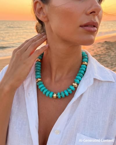 FIRAZIO Colorful Chunky Beaded Necklaces for Women | Trendy Statement Necklace Choker Necklace Boho Summer Beach Vacation Jewelry Gift - color: Turquoise Beaded