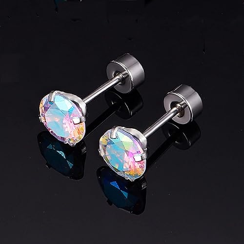 VOLUKA Cubic Zirconia Stainless Steel Screw Flat Back Earring - Hypoallergenic Stud Earrings for Women & Men - 316L Titanium CZ Stud Earrings for Nickel-Free, Trendy & Elegant - color: 1 Pair- 6mm Flat Back -AB White