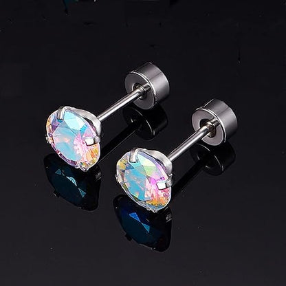VOLUKA Cubic Zirconia Stainless Steel Screw Flat Back Earring - Hypoallergenic Stud Earrings for Women & Men - 316L Titanium CZ Stud Earrings for Nickel-Free, Trendy & Elegant - color: 1 Pair- 6mm Flat Back -AB White