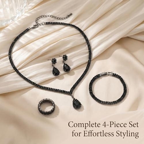 4 Pcs Trendy Black Jewelry Sets for Women Teardrop Rhinestone | Complete collection featuring a collar dangle drops band and ring.