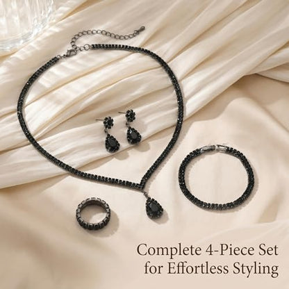 4 Pcs Trendy Black Jewelry Sets for Women Teardrop Rhinestone | Complete collection featuring a collar dangle drops band and ring.
