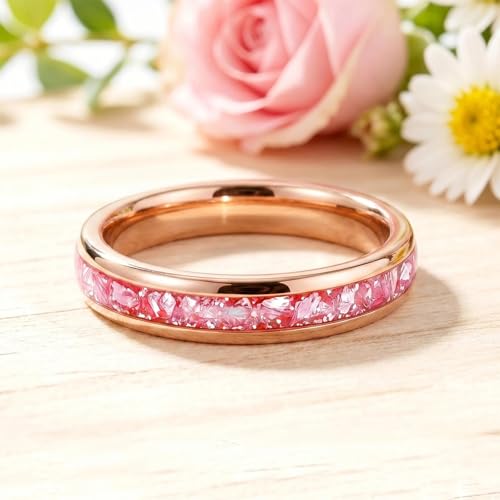 4mm/8mm Tungsten Wedding Bands for Men Women Ruby/Morganite/Emerald | Aquamarine/Zirconia, Black/Rose Gold/14K Gold, Engagement Promise Ring, Anniversary Valentine Day Birthday Gift for Him/Her - color: 4mm Rose Gold and Pink