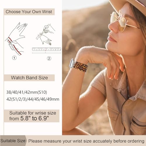 Newlibery Natural Stone Bracelet Beaded-Band Women Compatible with Apple Watch 42mm(S3/2/1) 44/45/46/49mm Feminine Handmade Stretch Strap for iWatch Series 11/10/9/8/7/6/5/4/3/2/1 SE 3/2/1 Ultra1/2/3 - color: A6 Tiger's Eye, size: 46(s10/11)/49/45/44/42mm