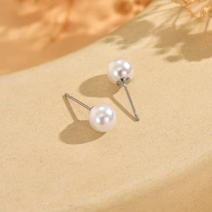 Pearl Stud Earrings for Women Gold/Silver Plated 3mm 4mm 5mm 6mm 8mm Pearl Earrings Dainty Hypoallergenic Earrings - color: White Gold, size: 8 Millimeters
