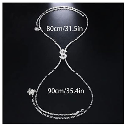 Rhinestone Chest Bracket Chain Crystal Dollar Sign Chest Chain Summer Bra Body Chain Sexy Bikini Waist Body Jewelry for Women