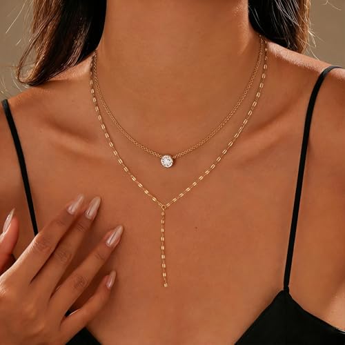 Necklace for Women, Dainty Long 14K Gold Y-Shaped Necklace Jewelry Trendy Beaded Layered Chain Drop Necklaces Jewelry Women Gifts - style: Flash Diamond-23