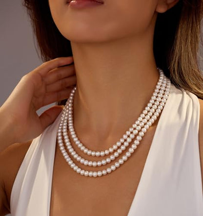Freshwater Pearl Choker Necklace; Triple-Layer Pearl Necklaces for Women | 6-7mm Real Pearl Necklace; Sterling Silver Necklace; Classic Pearl Necklace