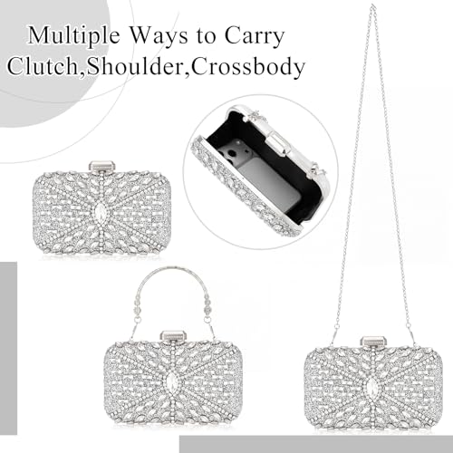 Quelay 4 Pcs Purse Rhinestone Jewelry Set Women | Wedding Bridal Prom Jewelry Sparkly Clutch Handbag with Necklace Bracelet Dangle Earrings Shiny Costume Kit - color: Silver, style: Opulent