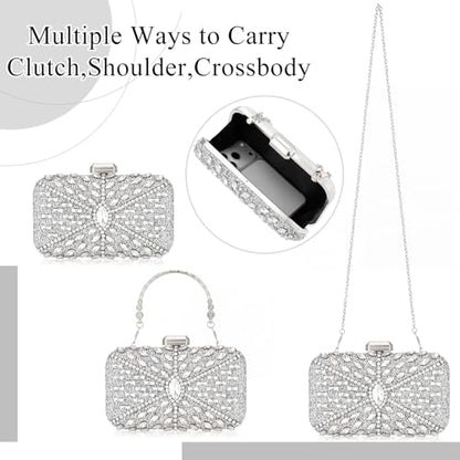 Quelay 4 Pcs Purse Rhinestone Jewelry Set Women | Wedding Bridal Prom Jewelry Sparkly Clutch Handbag with Necklace Bracelet Dangle Earrings Shiny Costume Kit - color: Silver, style: Opulent