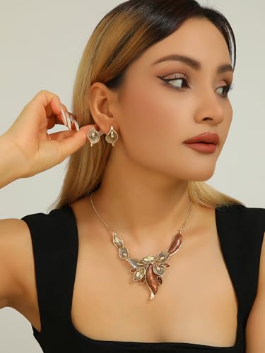 Chunky Statement Jewelry Set Vintage Retro Leaf Flower Floral Geometric Bohemian Boho Bib Necklace Earring Set Fashion Costume Jewelry for Women Girls Wedding Party Prom Unique Gift - style: calla lily flower JS gold champagne