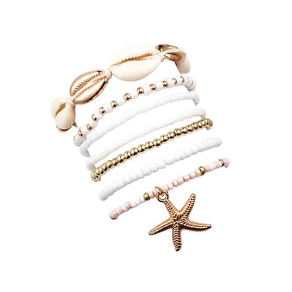 Bohemian Stackable Shell Beaded Ankle Bracelets for Women Colorful Boho Multi-Layer Seashell Gold Starfish Adjustable Handmade Braid Bracelet Summer Beach Holiday Accessories Gifts - color: White